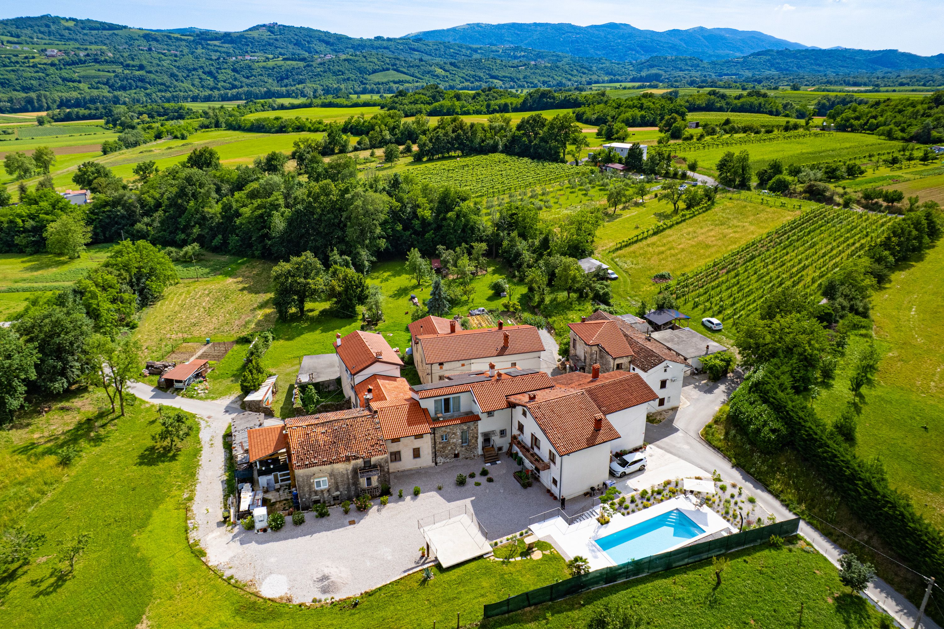 Aerial view of Vila Dobra with pool and vineyards