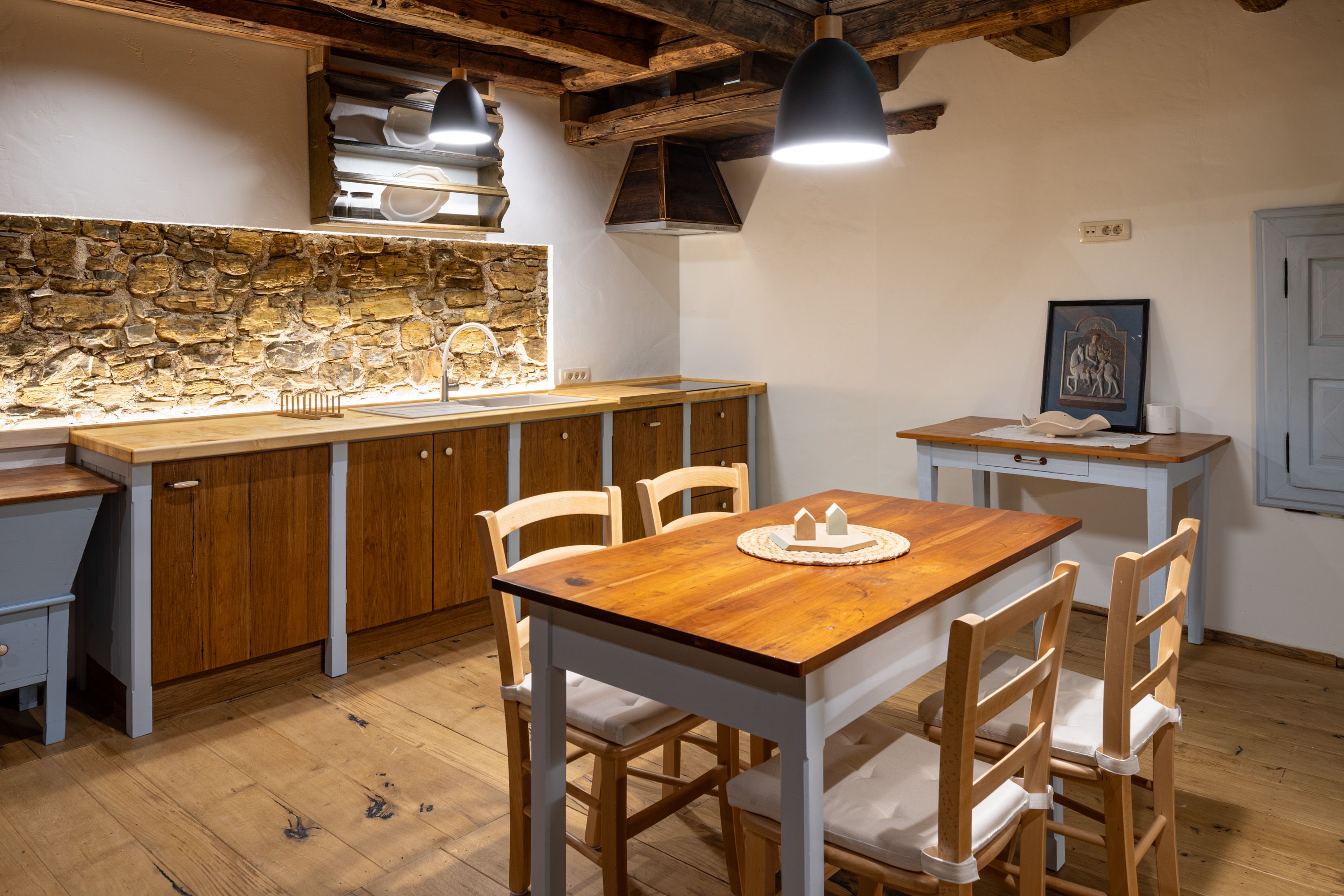 Kitchen by a stone wall